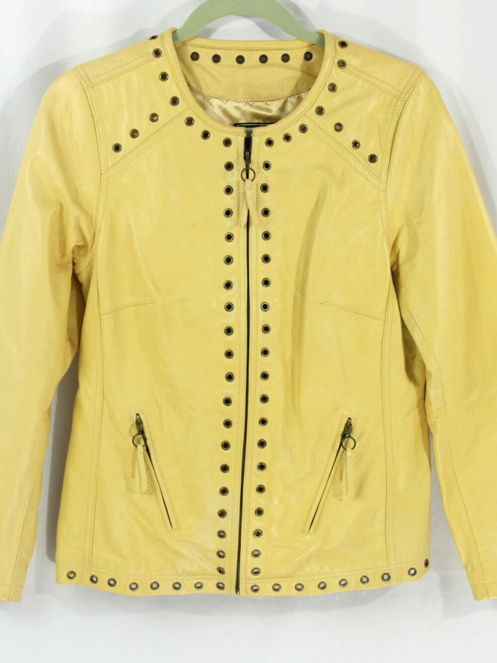 Vintage Bradley Bayou Yellow Leather Metal Detail Zip Front Moto Jacket S 2000s